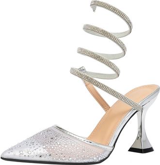 Generic High Heels Sandals for Women Diamante Mesh Wedding Shoes Stiletto Heel 8.5CM Wrapped Ankle Strap Party Dress Heel (Silver,9.5)