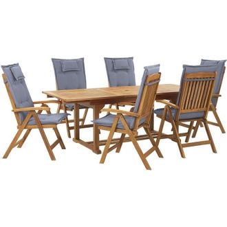 Beliani 6 Seater Garden Dining Set Acacia Wood Foldable Chairs Blue Cushions Java