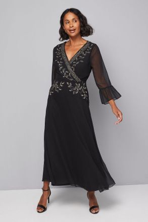 Wallis Womens Embellished Wrap Flute Sleeve Midi Dress - Black - Size 14 UK