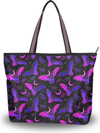 Alaza Large Tote Bag, Women Shoulder Bag Big Capacity Casual Handbags, Purple Bat Gothic Shopping Tote Bag with Pockets Zip,M