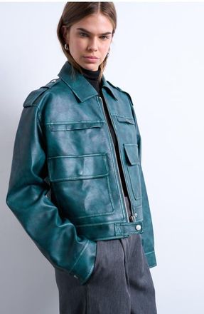 Topshop Washed Faux Leather Zip Jacket in Turquoise at Nordstrom, Size X-Small