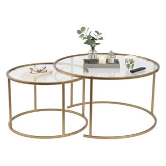 Dmora Juego De 2 Mesas De Centro Ragalna, Mesa De Centro Baja, Revistero Para Sof&aacute;, Estante De La Sala De Estar, 80x80 H43 Cm, Oro Y Transparente - Dmora
