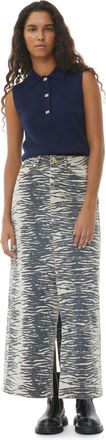 Ganni Grey Print Denim Maxi Slit Skirt - Size 32 Organic Cotton