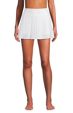 Lands End High Waisted Pleated Woven Swim Skort in White at Nordstrom, Size 16