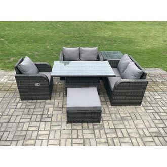 Fimous Wicker pe Rattan Furniture Garden Dining Set Outdoor Height Adjustable Rising lifting Table Love Sofa With Reclining Chair 2 Small Footstools - Fimous