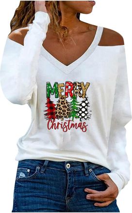 Generic Womens Christmas Jumpers Novelty Blouses Xmas Wine Glass Sweatshirt V Neck Pullover Long Sleeve Tops Loose Fit Blouse Christmas Tree Jumper Casual Swe