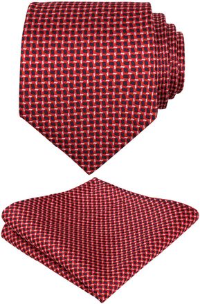 Alizeal Mens Regular Geometric Pattern Tie and Hanky Unique Classic for Business Wedding Necktie Set, Red+Navy