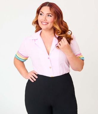 Unique Vintage Plus Size 1940s Short Sleeve Collared Button Down Woven Blouse in Pink W/Rainbow Print at Nordstrom, Size 2X