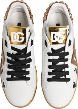 Dolce & Gabbana Mens White Gold Crystal Portofino Sneakers Shoes Calfskin Leather