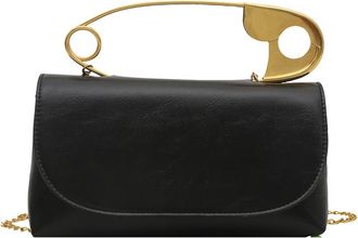 Generic Womens Evening Clutch Purse with Gold Safety Pin Handle, Crossbody Bag with Chain Strap, Black Leather Small Handbag