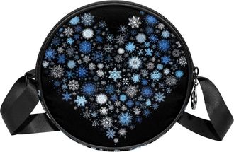 Generic Circle Crossbody Bag for Women, Snowflake Heart Pattern Small Sling Bag Daypack with Zipper Adjustable Shoulder Straps Casual Ladies Girls Round Purse