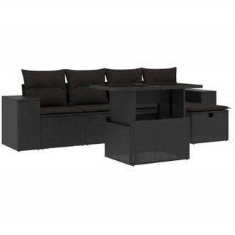 vidaXL Set De Sof&aacute;s De Jard&iacute;n 6 Piezas Y Cojines Rat&aacute;n Sint&eacute;tico Negro