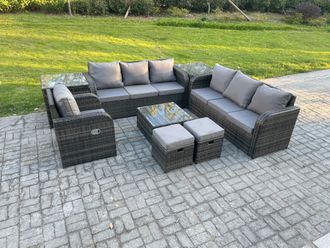Fimous 9 Seater Outdoor Rattan Garden Furniture Set Conservatory Patio Sofa Coffee Table With Reclining Chair 2 Small Footstools 2 Side Tables