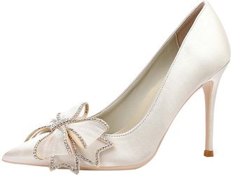 Generic Women Pointed Toe High Heel Stiletto Pumps 9CM Silk Beige Dress Shoes Diamond Bow Wedding Evening Party-Numeric_2_Point_5