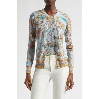 Etro Flora & Fauna Silk & Cashmere Cardigan in Multicolour On Pale Blue Base at Nordstrom, Size 10 Us