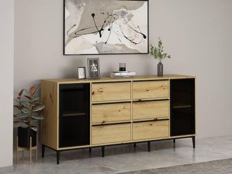 Vente-Unique Buffet With 2 Tempered Glass Doors & 6 Drawers - Natural & Black