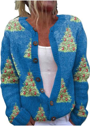 Generic Christmas Cardigans Womens Sweaters Long Sleeve Round Neck Button Down Cardigans Sweaters Patterns Soft Novelty Costumes Outwear Womens Christmas Card