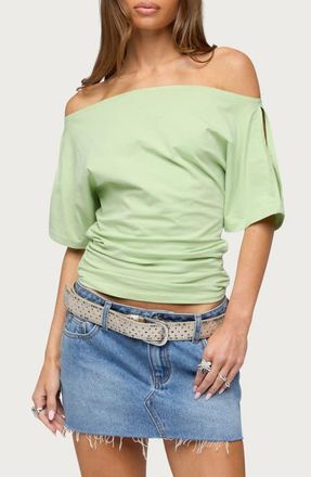 Edikted Feng Ruched Off the Shoulder Top in Sage at Nordstrom, Size X-Large