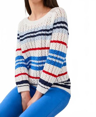 Tribal Striped Crew Neck Sweater With Cable Detail In Royal