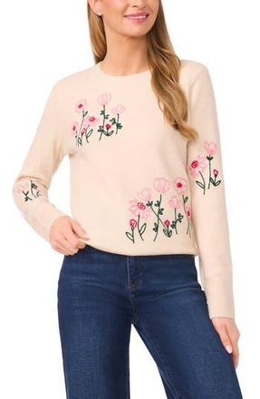 CeCe by Cynthia Steffe Flower Embroidery Crewneck Sweater in Birch at Nordstrom Rack, Size Xx-Large