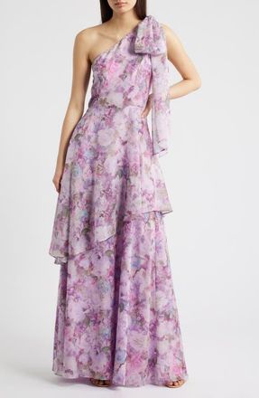Lulus Amara Floral One-Shoulder Gown in Lavender Floral at Nordstrom, Size X-Small