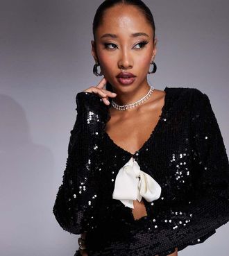 KAIIA x Sasha Corte exclusive sequin contrast bow tie front top in black - part of a set