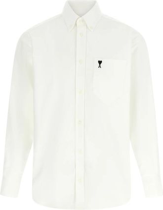 Ami Boxy Geborduurde Ami de Coeur Shirt - Heren - Zakelijke Overhemden - Wit - M - Katoen - Overhemden
