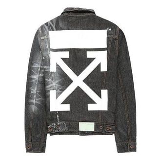 Off-white Arrows Slim Denim Jacket Embroidered Logo Printing Black OMYE005F19F050441010