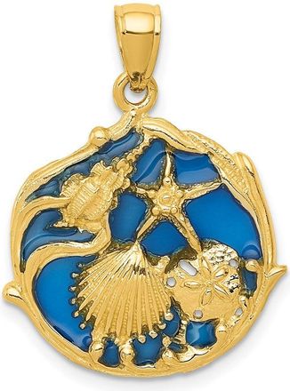 Diamond2Deal 14k Yellow Gold Blue Enameled Shell Cluster Pendant