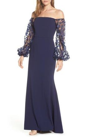 Eliza J Floral Appliqu&eacute; Long Sleeve Off the Shoulder Gown in Navy at Nordstrom Rack, Size 10