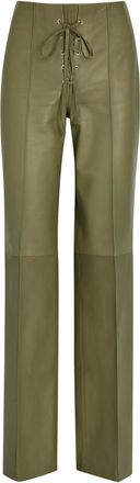 Skiim Lace-up Straight-leg Leather Trousers - Khaki - 38 (UK10 / S)