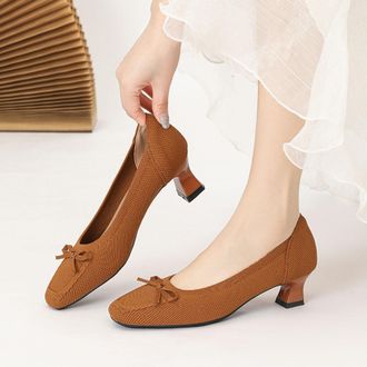 Generic Brown Womens Casual Heels Featuring Bow Knitted Toe and Thick Heel Detail Shallow Mouth for Stylish Looks and Ankle Coverage
