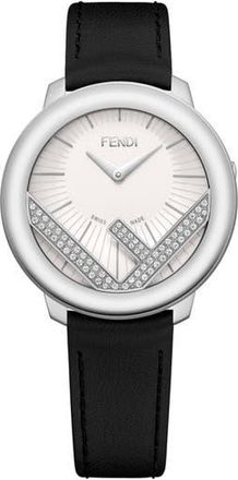 Fendi Run Away Diamond Leather Strap Watch, 36mm in Black/White/Silver at Nordstrom Rack