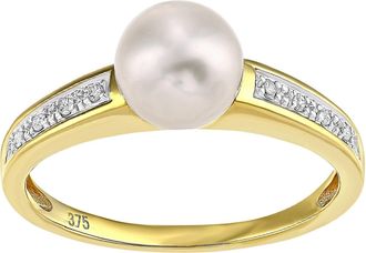 Jewelco London 9ct Gold 4pts Diamond Pearl 7mm Pave Full Moon Dress Ring - PR1AXL2583YPRL