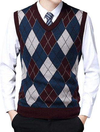 Generic Mens Plaid V-Neck Sleeveless Knitted Vest Mens Sweater Vest Sleeveless Jumper Casual Business Knitted Tank Tops Sweater Waistcoat Wine XL