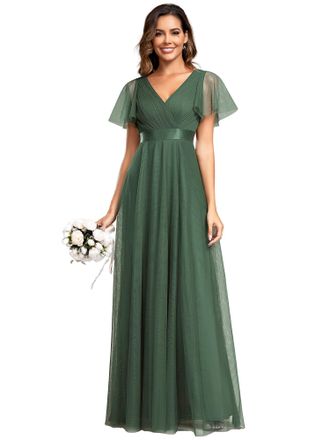 Ever-pretty Womens V Neck Floor Length A Line Empire Wasit Short Sleeve Tulle Long Bridesmaid Dresses Eucalyptus 8