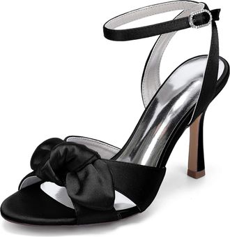 Generic Pearl Satin Bridal Stiletto Heel Womens High Heel Sandals Bowknot Wedding Party Shoes 9.5Cm,Black,10 UK