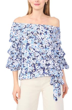 Vince Camuto Floral Off the Shoulder Bubble Sleeve Top in 462 Blue Shadow at Nordstrom, Size X-Large