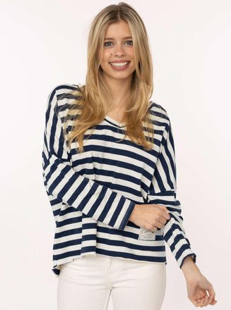 Zwillingsherz T-Shirt ZWILLINGSHERZ Streifen & Jersey, Damen, navy, Jersey, Obermaterial: 100% Baumwolle, gestreift, mehrfarbig, bequem Po-bedeckend, V-Ausschnitt, 