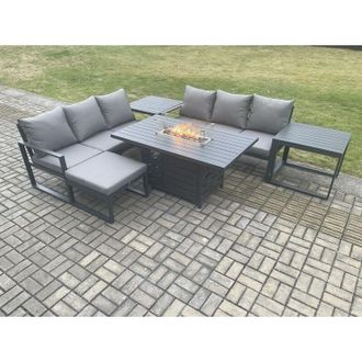 Fimous Aluminium 7 Seater Outdoor Garden Furniture Lounge Sofa Set Gas Fire Pit Dining Table with Big Footstool 2 Side Tables Dark Grey - Fimous