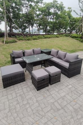 Fimous Lounge Rattan Garden Furniture Sets Dining Table & Big Footstools in Dark Grey