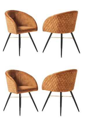 Life Interiors Set of 4 Vittorio Velvet Dining Chairs with Black Metal Legs, Quilted Design Modern Accent Chair in Mustard