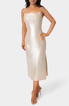 Bebe Foil Metallic Midi Dress in Beige Silver at Nordstrom Rack, Size X-Large