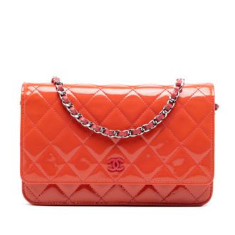 Chanel Pre-owned Womens Cc Quilted Patent Wallet On Chain - Orange Leather - One Size