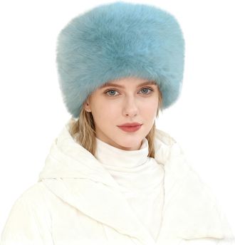 Lina & Lily Womens Winter Cossack Hat Russian Style Long Pile Faux Fur (Pastel Blue)