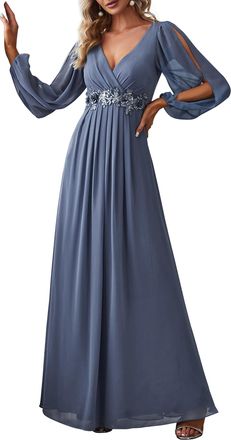 Ever-pretty Ever Pretty Womens Elegant A-Line Deep V-Neck Appliques Pleated Wrap Plus Size Ball Gowns Dresses Dusty Blue 22UK