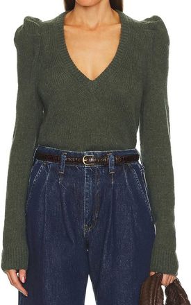Nation Ltd Lara Puff Shoulder V-Neck Pullover In Stoned Moss