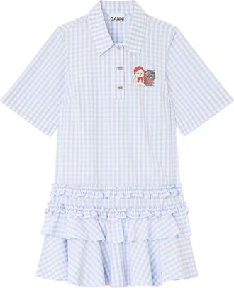 Ganni gingham-pattern ruffled mini dress - Blue