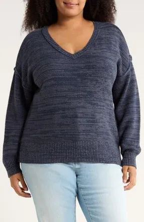 Lucky Brand Textured V-Neck Cotton Blend Sweater in American Navy at Nordstrom Rack, Size 1X