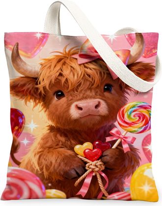 Generic Cute Animal Canvas Tote Bags, Adorable Cow Design Reusable Grocery Bags, Lightweight Washable Shoulder Strap for Travel Bea, Peach, 13x15 Inch